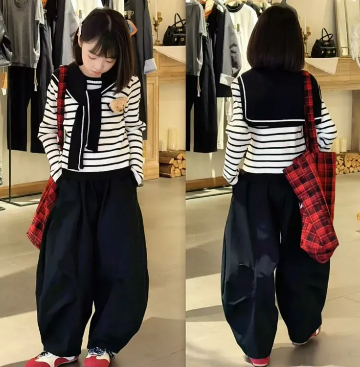 女童韩版休闲秋冬套装2025新款女孩洋气条纹毛衣中大童冬季针织衫