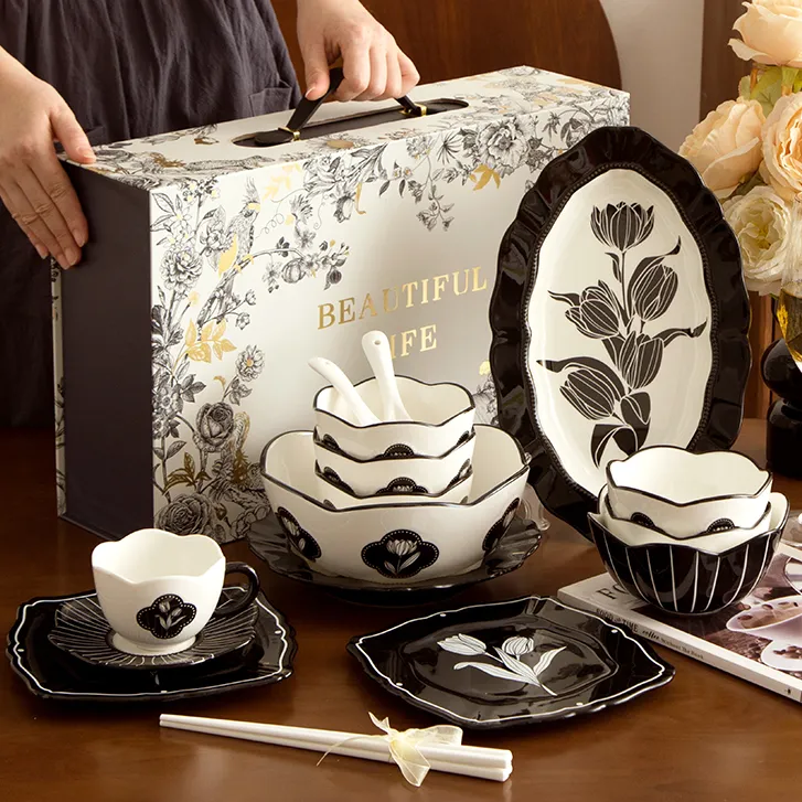 郁金香碗碟套装乔迁新居餐具礼盒装家用陶瓷碗盘组合新婚订婚礼物