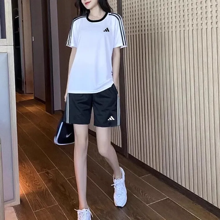 阿迪达斯运动套装女夏季新款休闲宽松短袖短裤两件套跑步透气T恤