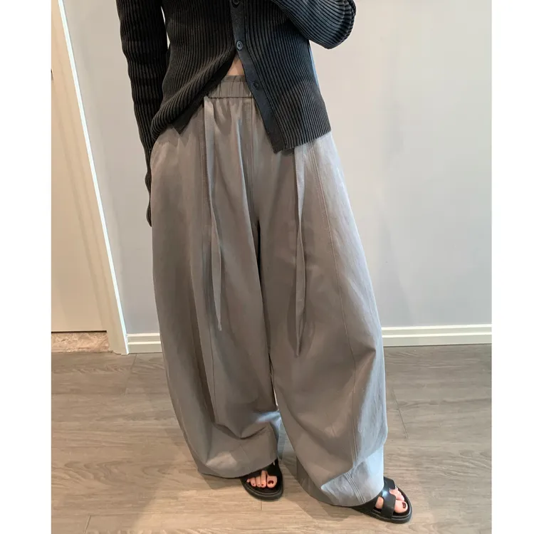 秋季韩系慵懒风松紧腰系带阔腿裤女宽松垂感弯刀裤子松弛感休闲裤