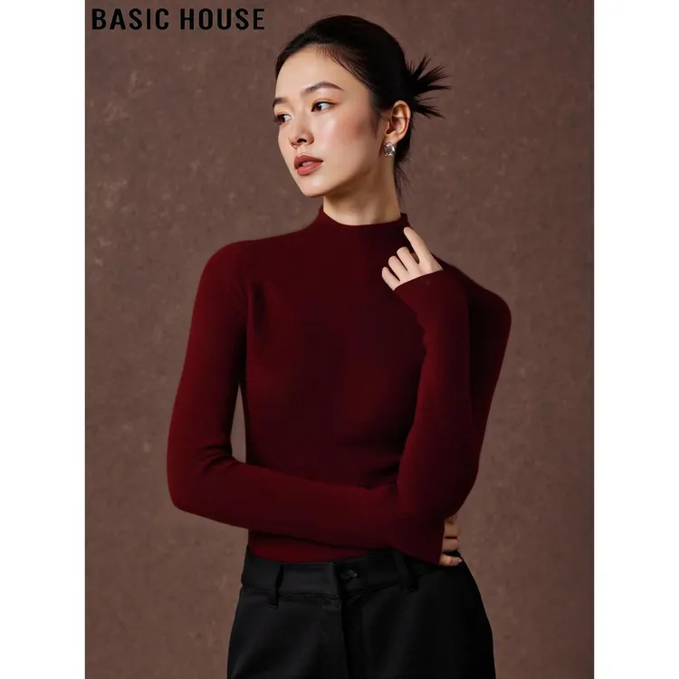 Basic House/百家好安可拉红半高领针织衫女2025秋冬含羊毛打底衫