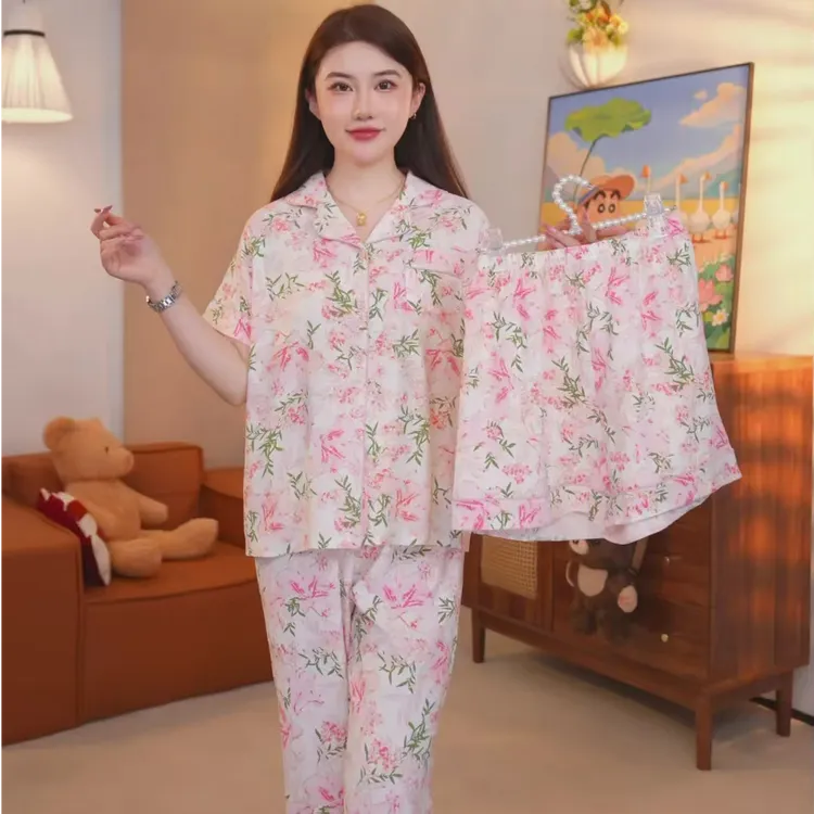 靓妮欣【云朵棉】三件套女新款开衫家居服2025甜美时尚短袖外穿套装