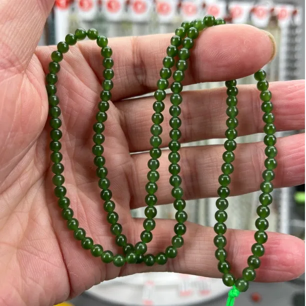 和田玉碧玉菠菜绿卡4毫米精品无矿点珠链吊坠锁骨项链多圈手链