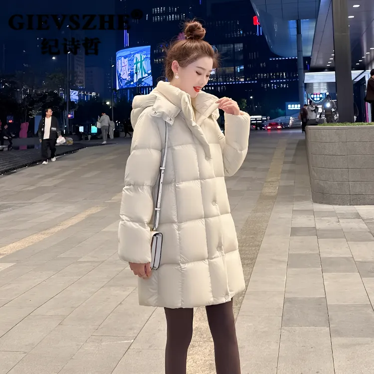 纪诗哲白鹅绒服女云朵泡芙2025冬季保暖面包服连帽中长款加厚外套