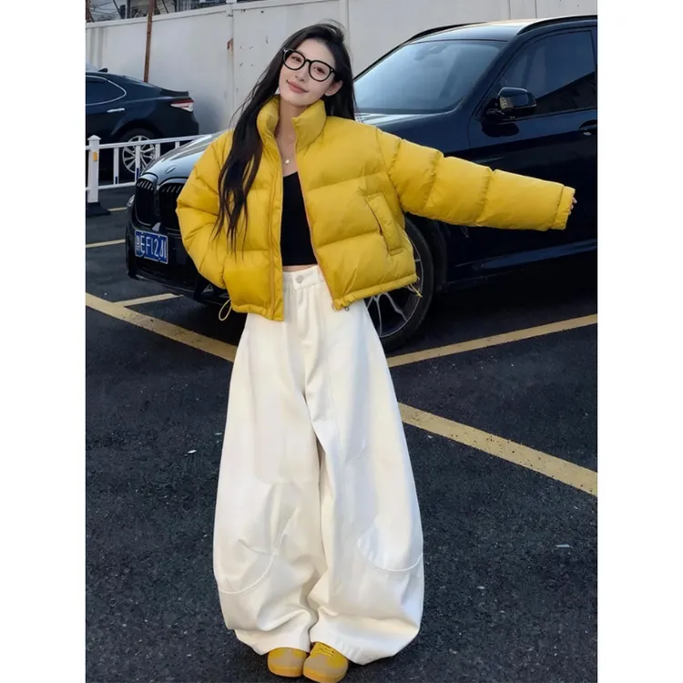 大方得体穿搭一整套多巴胺黄色立领加厚面包服外套阔腿裤两件套女