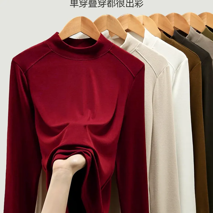T1115插肩鱼骨双面磨毛中领打底衫女士修身半高领打底保暖长袖