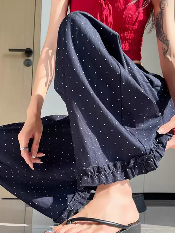 大码木耳花边波点休闲裤女夏薄款胖mm高腰显瘦宽松直筒梧桐阔腿裤