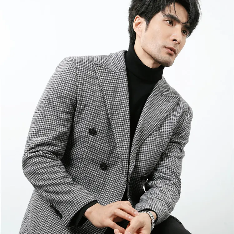 千鸟格毛呢西装外套男士秋冬双排扣痞帅休闲西服格纹商务格子外套