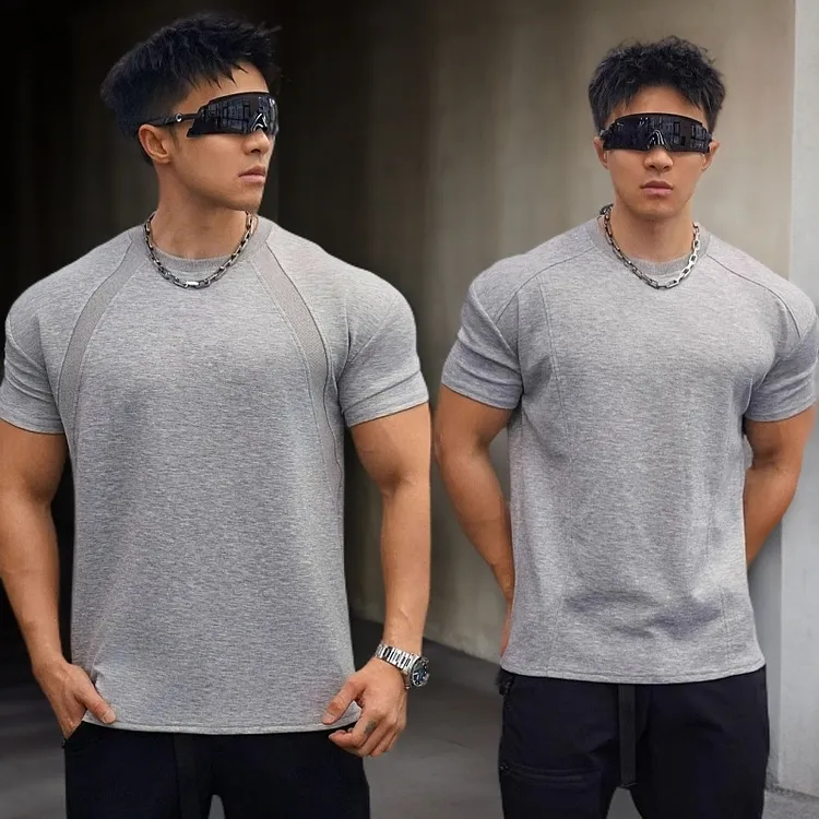 新款肌肉健身男士T恤液氨太空棉重磅拼接抗皱高弹硬挺显型大码短T