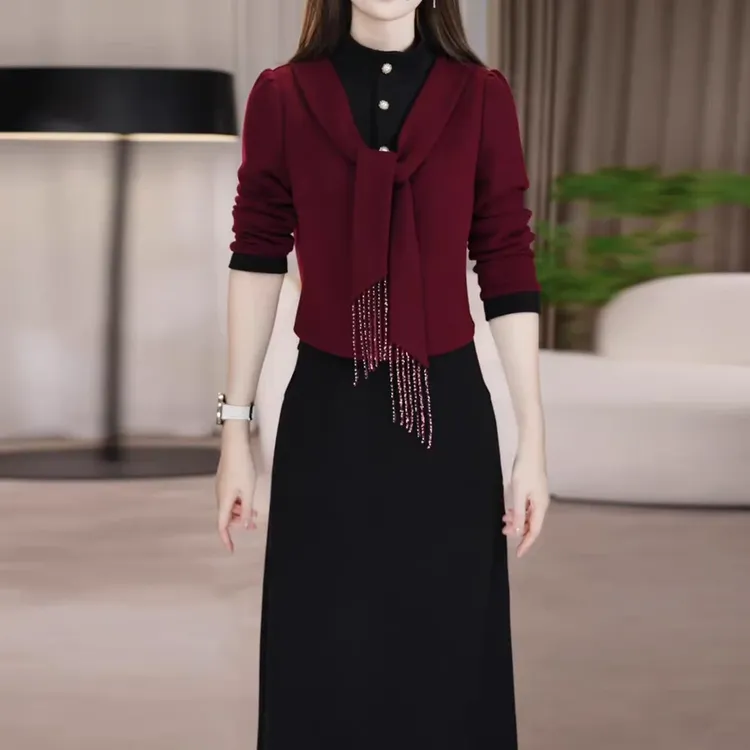 假两件连衣裙显瘦气质长袖洋气时尚中长裙秋冬显瘦5767#