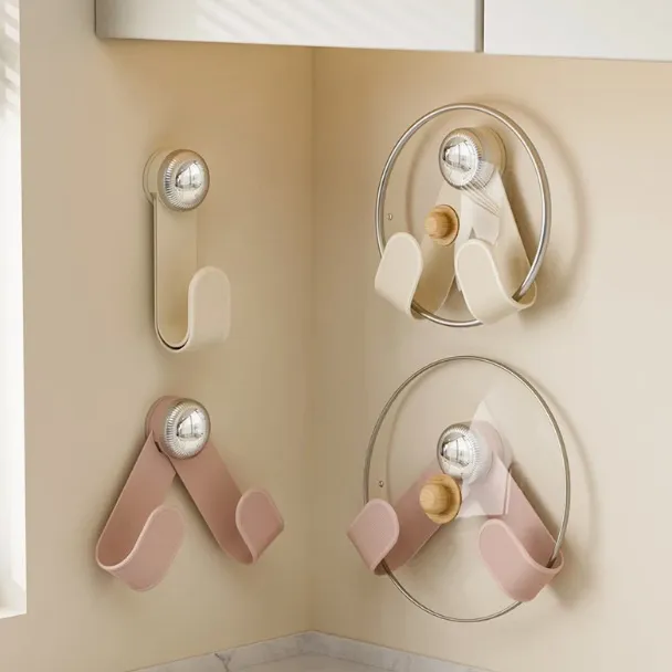 奶油吸盘旋转锅盖架 家用免打孔置物架厨房壁挂可调节锅盖收纳架