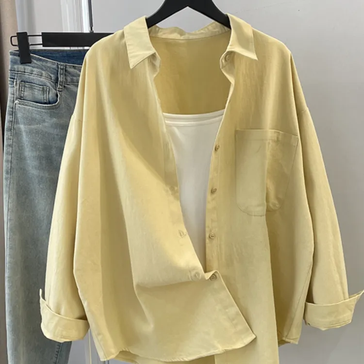 【杭州四季青好货】休闲宽松叠穿衬衫女外套新款纯色外搭纯棉衬衣女
