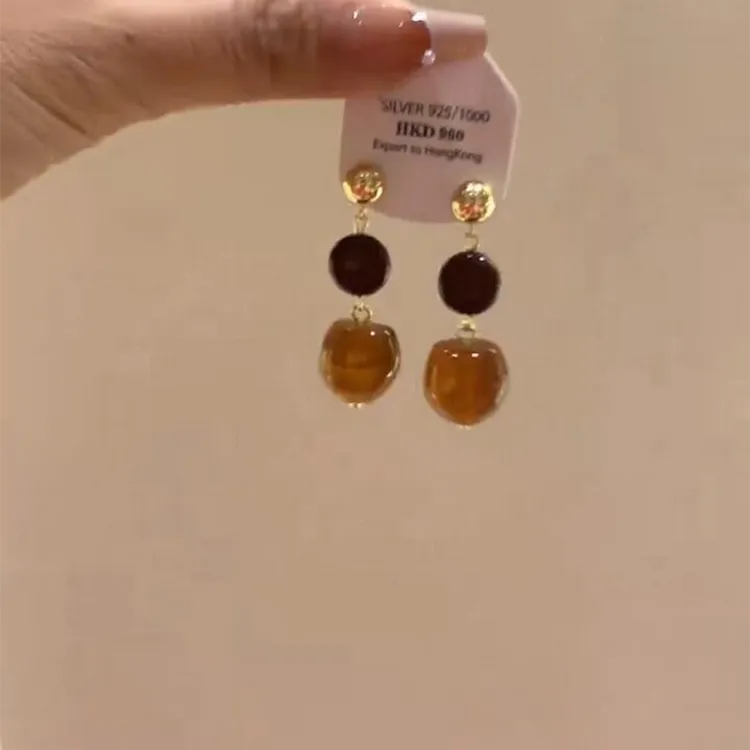 铜合金耳饰 复古美拉德棕色圆珠耳钉独特小众耳环女小众设计耳饰 