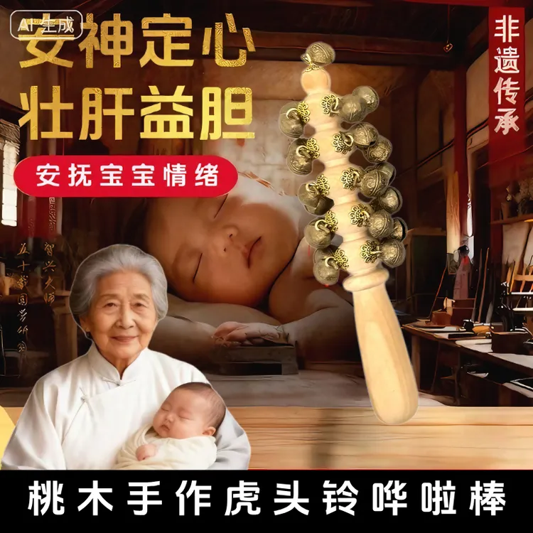 桃木黄铜哗啦棒羊皮拨浪鼓婴儿新生宝宝玩具可啃咬0-3岁益智玩具