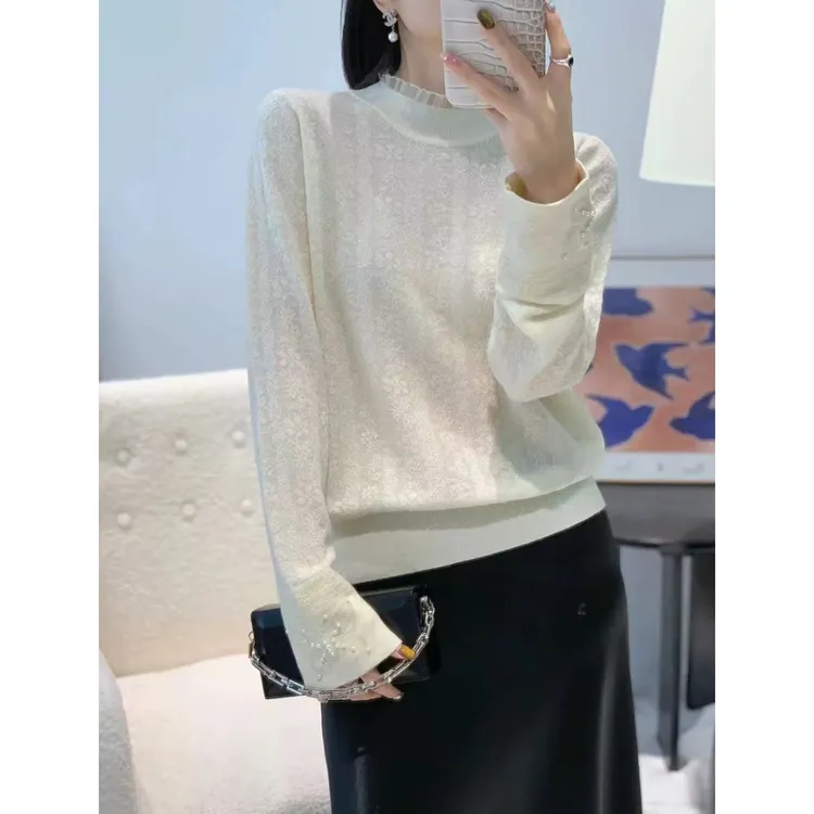 韩版半高领蕾丝提花钉珠拼接针织打底衫女冬季保暖加厚可单穿毛衣