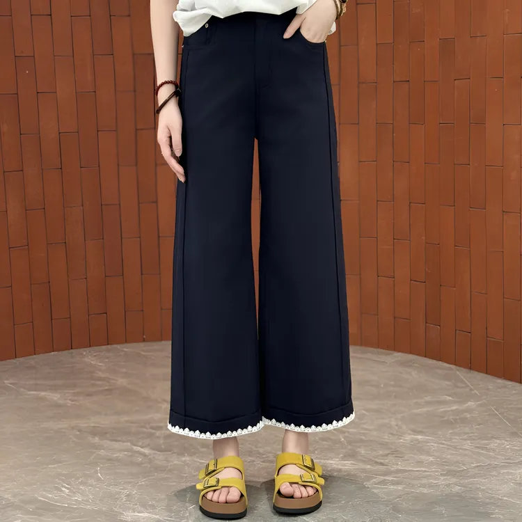 宿慕SUMU夏季九分直筒裤2025新款舒适百搭冰川棉蕾丝边阔腿裤988