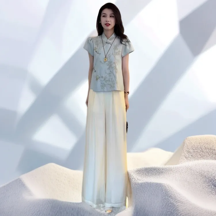 新中式国风套装女2025夏季新款时尚洋气盘扣衬衫阔腿裤减龄两件套
