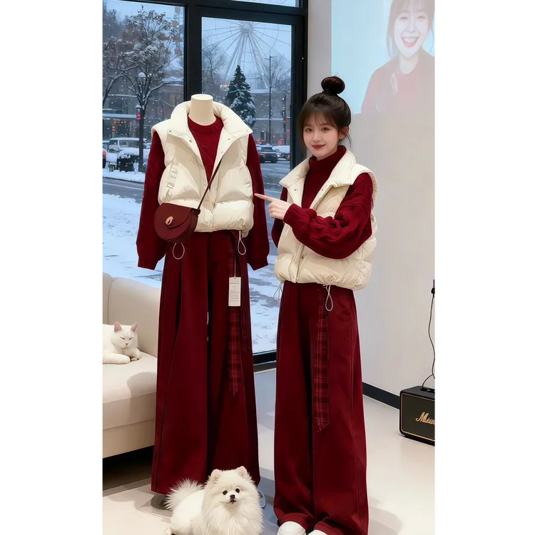 冬季套装女圣诞氛围感新年红色毛衣马甲棉服时尚洋气阔腿裤三件套