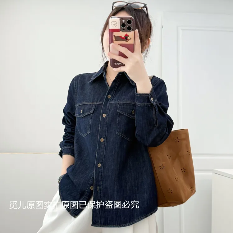 小个子2025年秋季新款不掉色丹宁蓝牛仔衬衫女衬衣宽松百搭显瘦