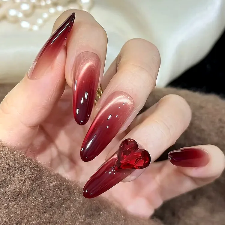 【鸿运甜心】新年酒红色显白美甲穿戴甲片中长款高级红色猫眼穿戴甲
