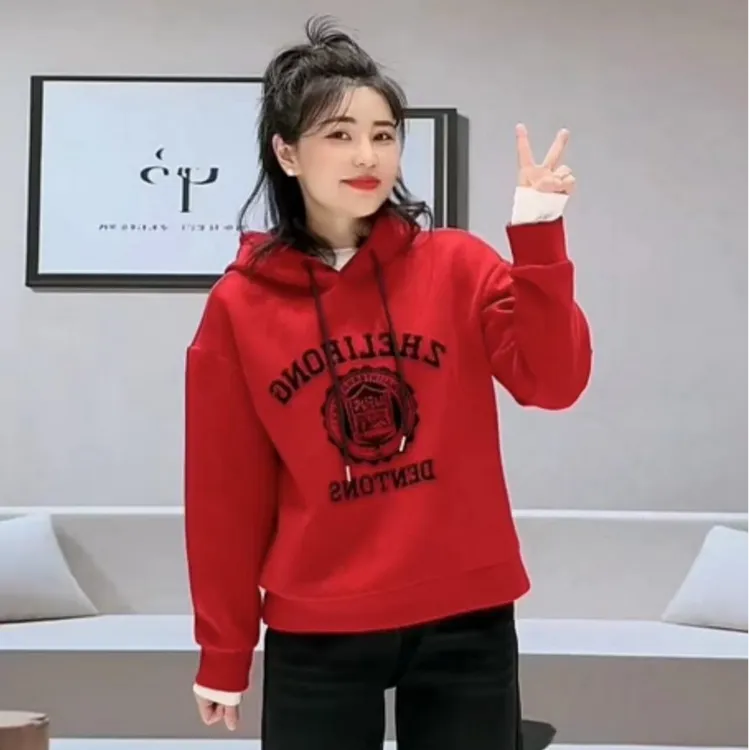 【冬季新款】双面绒连帽印花短款卫衣1022