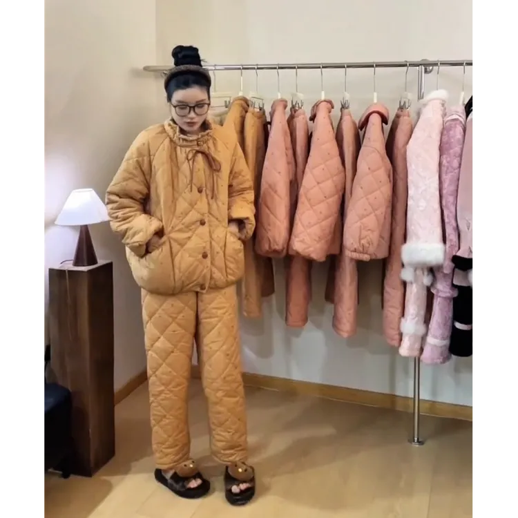 韩版蝴蝶结拼接三层夹棉睡衣女冬季新款加绒加厚家居服套装可外穿