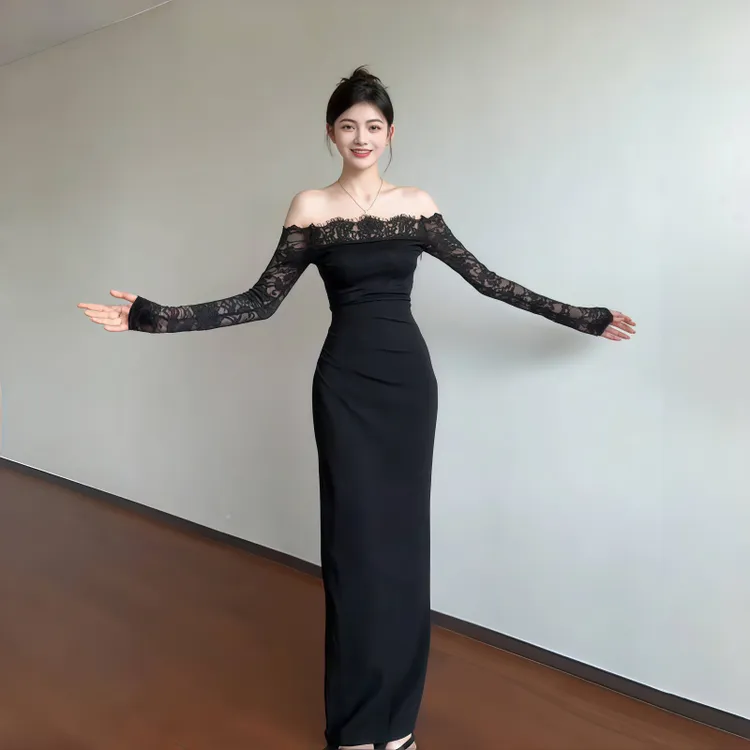运补6-8 纯欲风御姐蕾丝小黑裙女显瘦连衣裙一字肩长袖包臀长裙秋