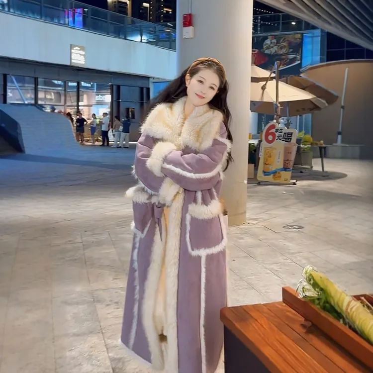 小香风中长款皮毛一体羊羔毛外套女入冬季新款高级感加厚保暖大衣