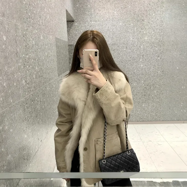 美式复古毛领棉服女秋冬季新款工装派克服加厚百搭夹棉毛毛短外套