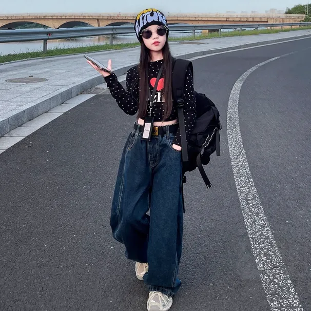 女童春秋装裤子2025新款女大童秋季休闲老爹裤儿童上衣弯刀牛仔裤