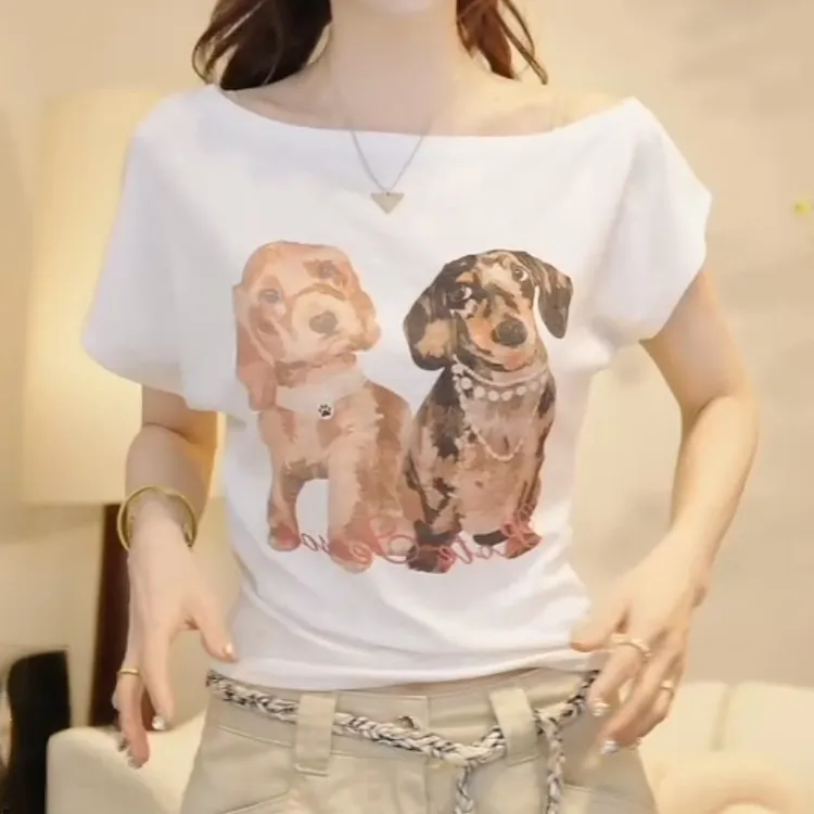 夏季设计师个性露肩狗狗短袖体恤上衣女LK2503933