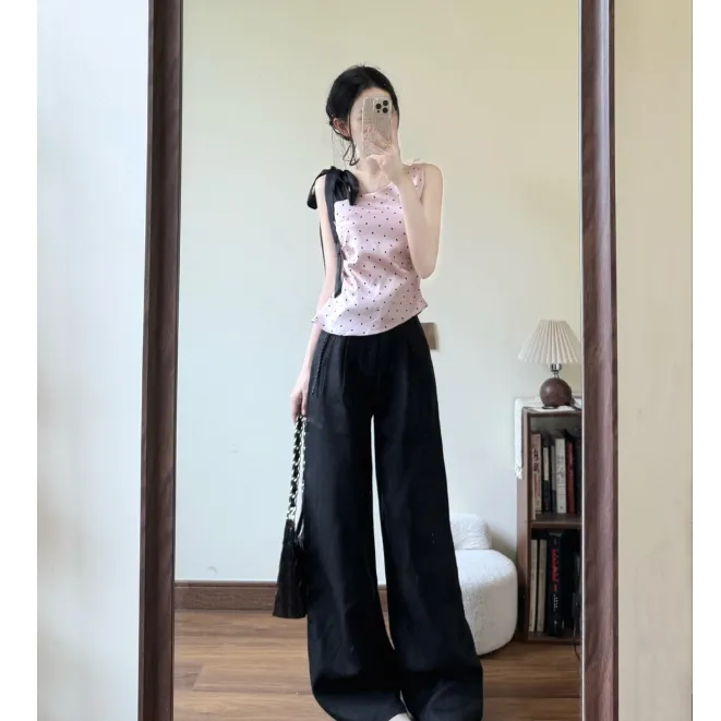 MARIE.COCO纯欲波点绑带蝴蝶结斜肩吊带背心无袖上衣休闲长裤套装