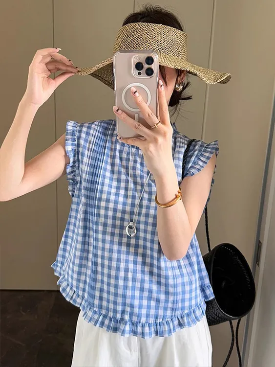 2025夏季新款韩版时尚圆领木耳边格子无袖衬衫女显瘦百搭上衣潮