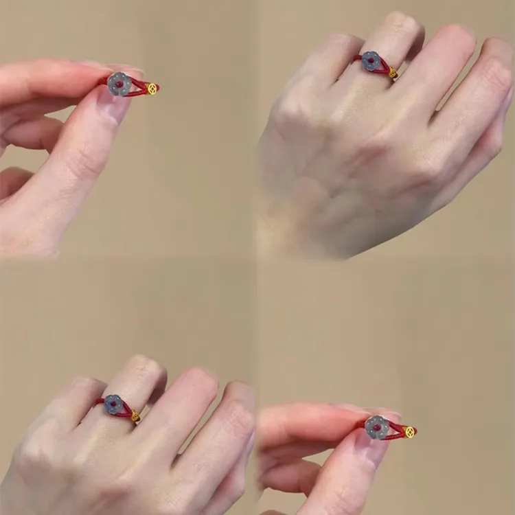 铜合金锦纶戒指 新中式红绳编织金币小花戒指女生国风本命年小众