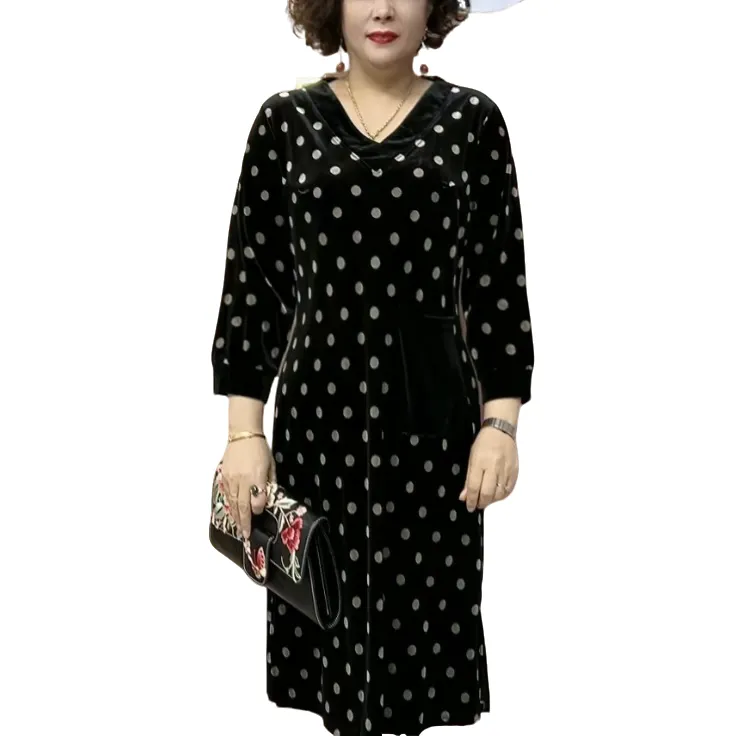 新款妈妈装v领丝绒连衣裙826款时尚洋气百搭休闲中长款妈妈装