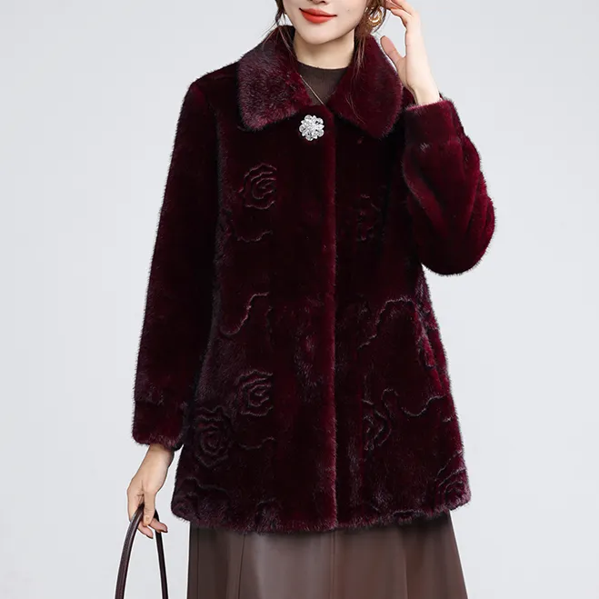 人造皮草 品牌女装仿水貂绒皮毛翻领开衫外套洋气皮草大衣