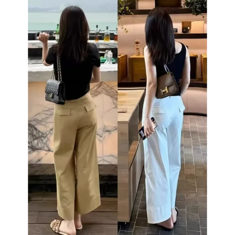 卡其色高腰直筒阔腿休闲裤女夏季新款显瘦梨形身材小个子九分裤