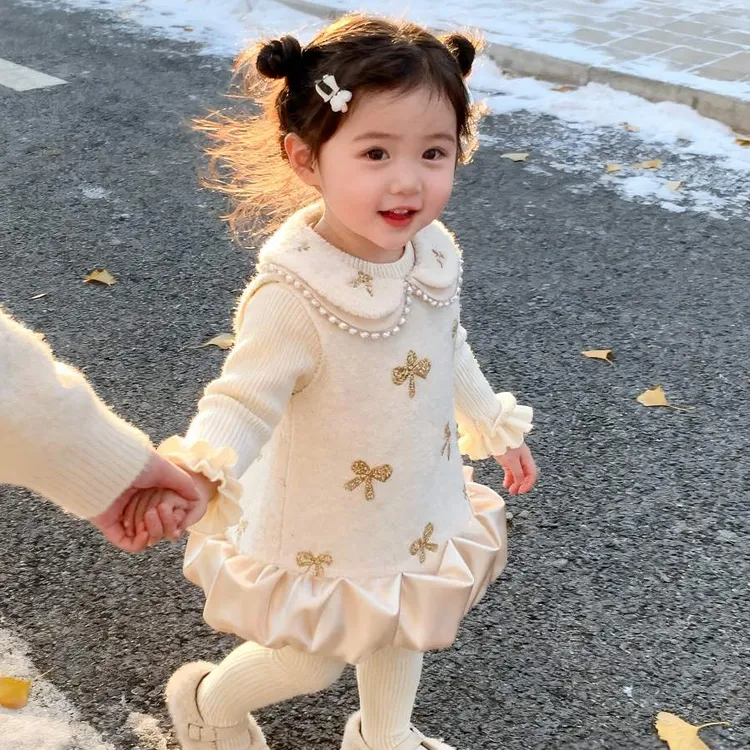 2025新款女童冬季夹棉背心裙小童周岁礼服女宝宝生日公主裙