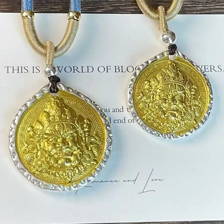 吊坠足银 A85足银9999黄财神银吊坠圆牌男女情侣款项链复古银吊坠