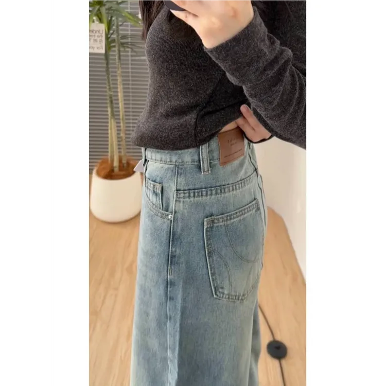 美式复古高腰直筒牛仔裤女2025新款高街设计感垂感阔腿拖地裤百搭