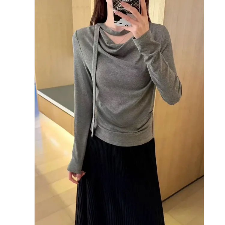秋冬气质款V领御姐风拼接荡领长袖纯欲风T恤韩版休闲春秋显瘦9097