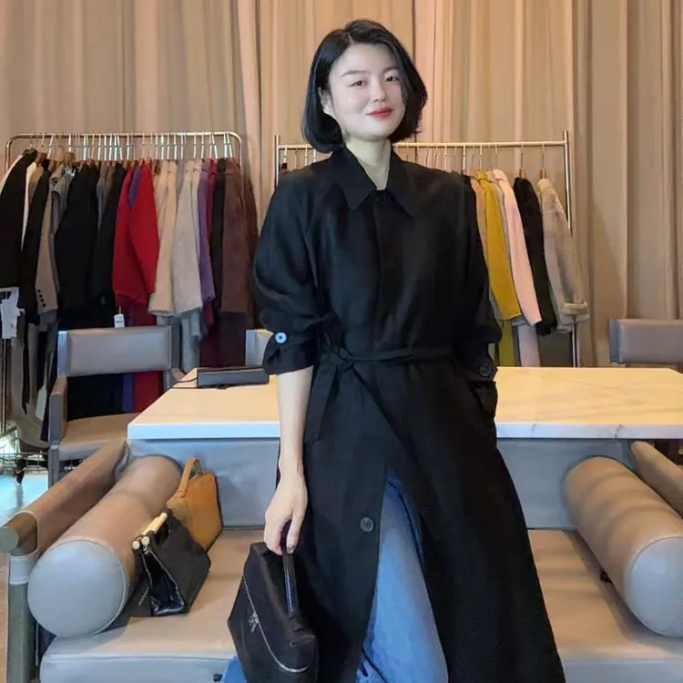 TANTAN 真丝香云纱 显瘦气质百搭收腰中长款风衣XD 2626