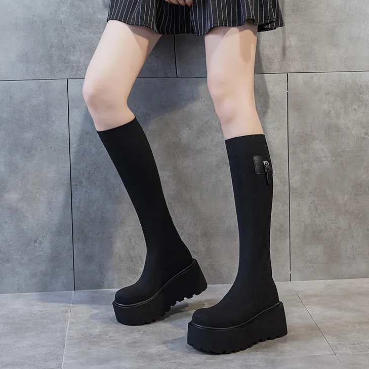 松糕厚底时尚针织弹力不过膝长筒靴女显瘦弹力袜靴百搭黑色高筒靴