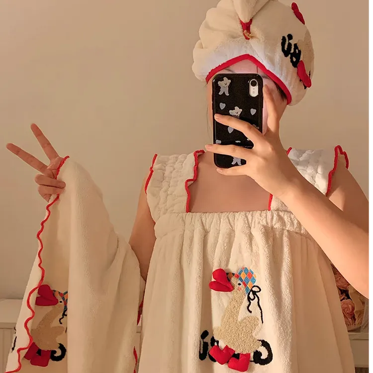 【如之纺】可爱吊带浴裙女洗澡家用学生宿舍可穿浴巾毛巾干发帽套装