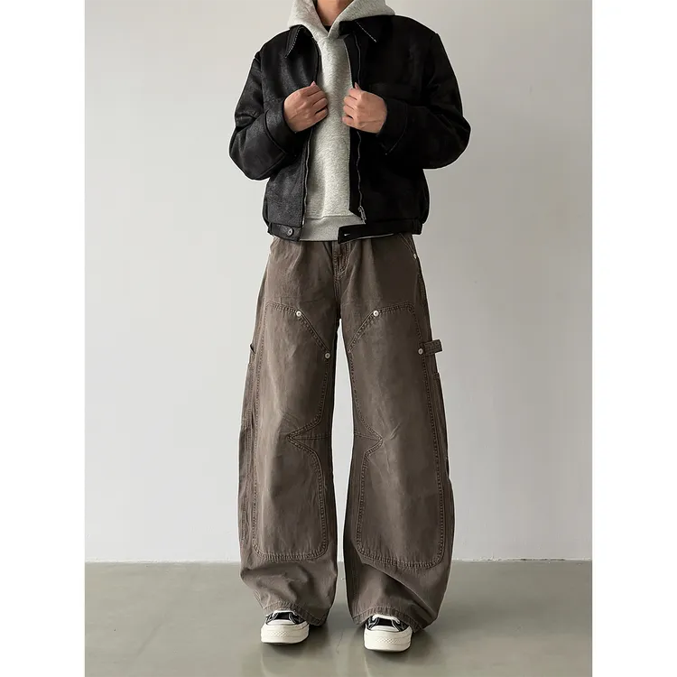 【复古弯刀工装】甄枚前做旧解构设计cleanfit廓形铆钉弯刀工装裤