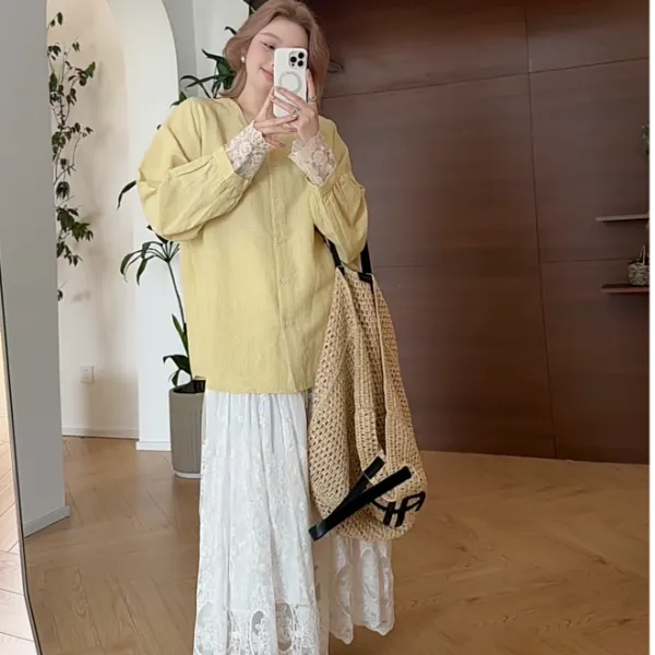 【瘦瘦】黄桃罐头-大码夏季V领莱赛尔麻蕾丝袖口水洗长袖衬衫S01439