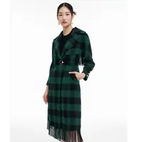 【晨粉专享价】英伦风格纹流苏羊毛长袖大衣外套女
