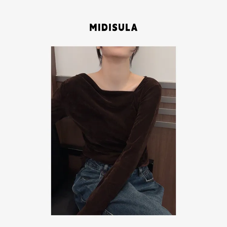 MDSL·新款时尚洋气轻奢气质简约不规则露肩长袖打底衫#01659