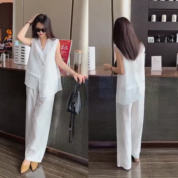 2025夏季新款 欧货气质清凉高级感无袖V领包边上衣+直筒长裤套装