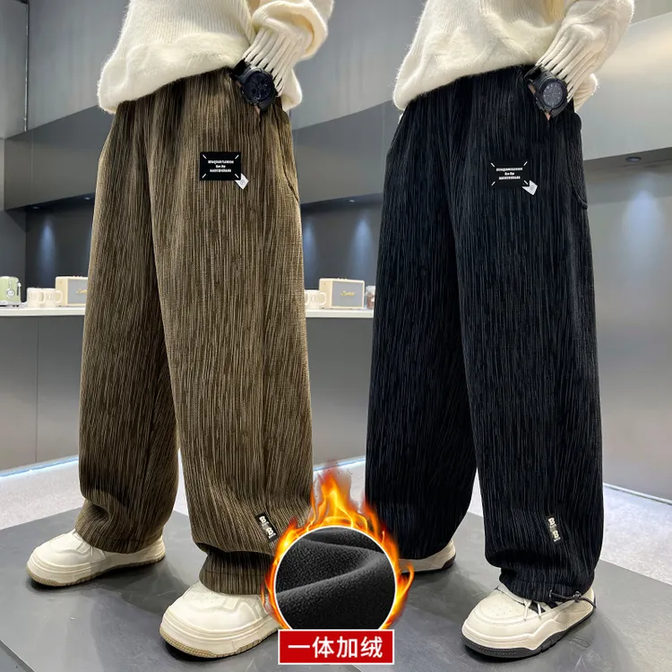 男童加绒冬装裤子直筒裤2025新款中大童宽松条绒裤儿童休闲长裤潮